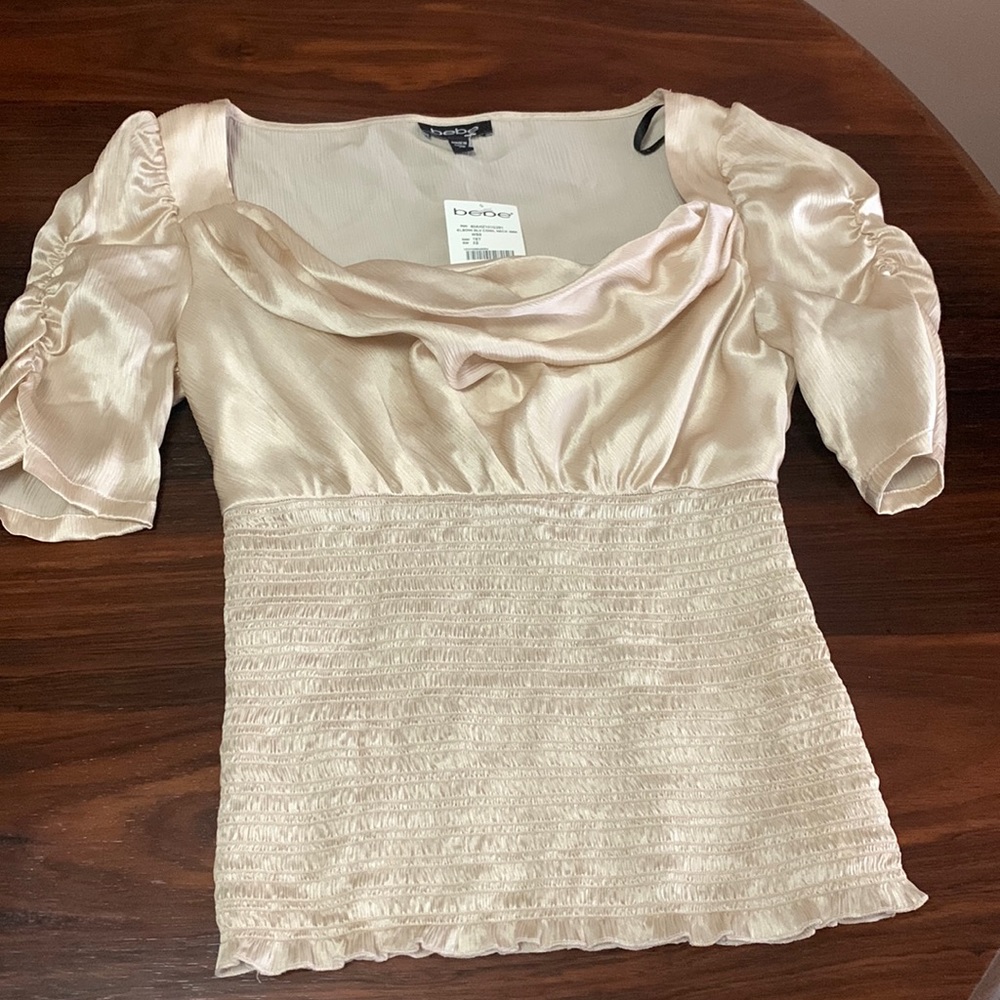 bebe Silky Puff Sleeve Cream Cowl Neck Top XSmall NWT - Picture 2 of 7